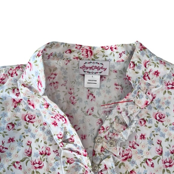 Lanz Of Salzburg Cotton Twill Floral Blouse Ruffled New Large Pink - Picture 4 of 8